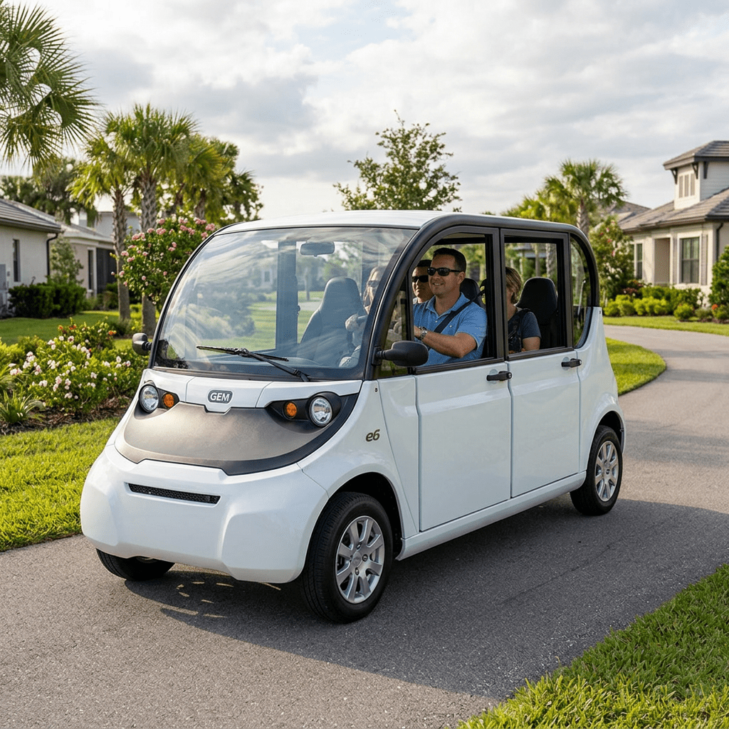 Small white electric vehicle with four passengers driving on residential street