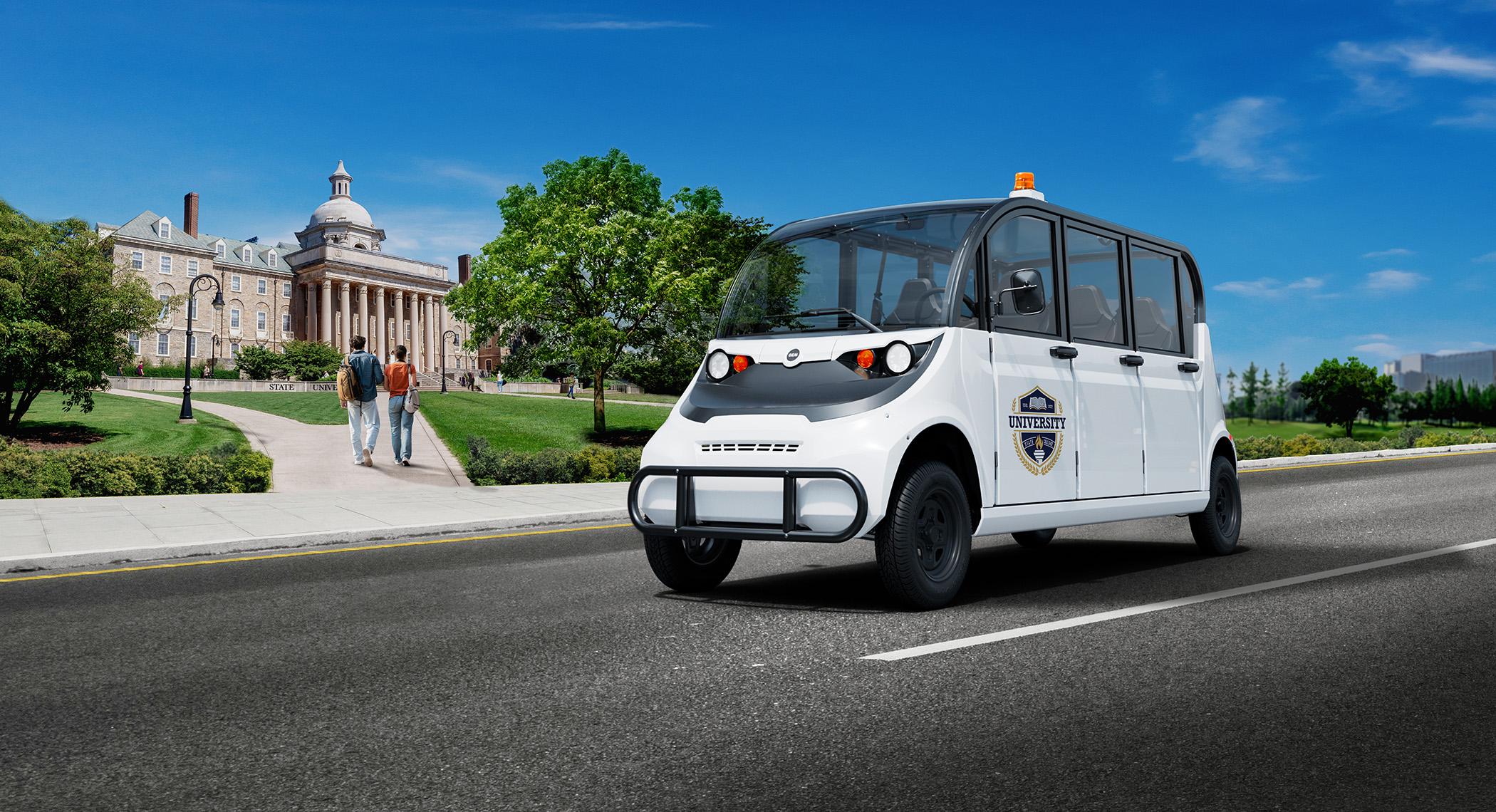 GEM E6 electric shuttle with passengers on campus