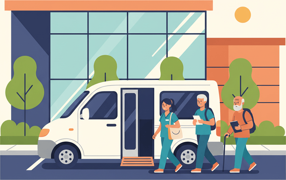 Illustration of a nurse and two older riders, one using a cane, walking toward a small electric shuttle parked outside a modern building.