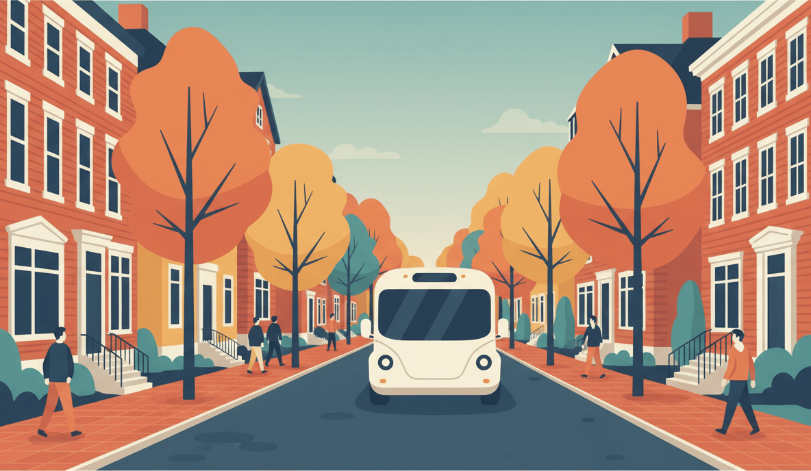 Illustration of a small white electric shuttle driving down a tree-lined street with brick buildings.