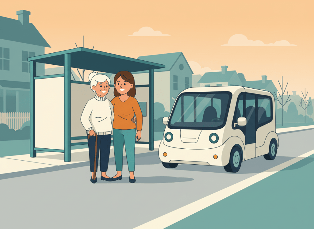 Illustration of an older woman with a cane and her adult daughter waiting at a covered stop as a small electric shuttle approaches.